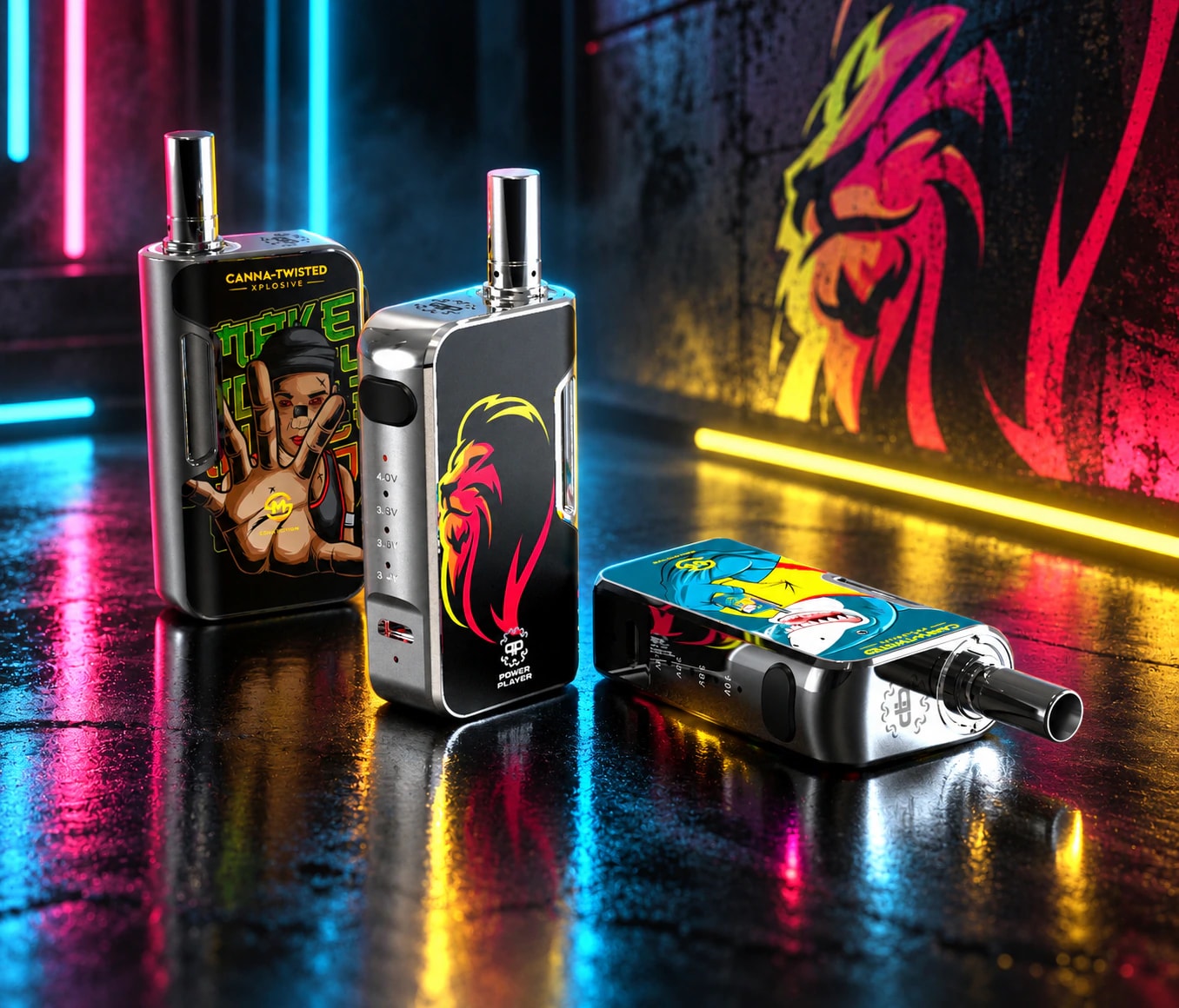 Three customizable concentrate devices with vivid neon artwork.