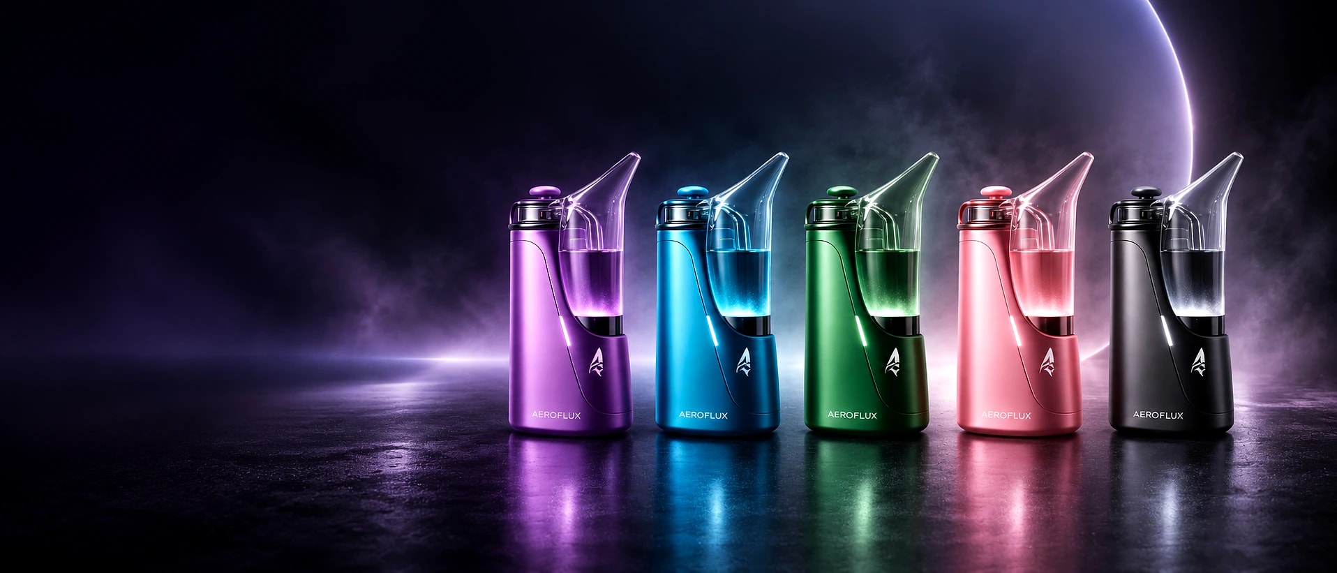Five color-finish hardware concepts against a dark studio backdrop.